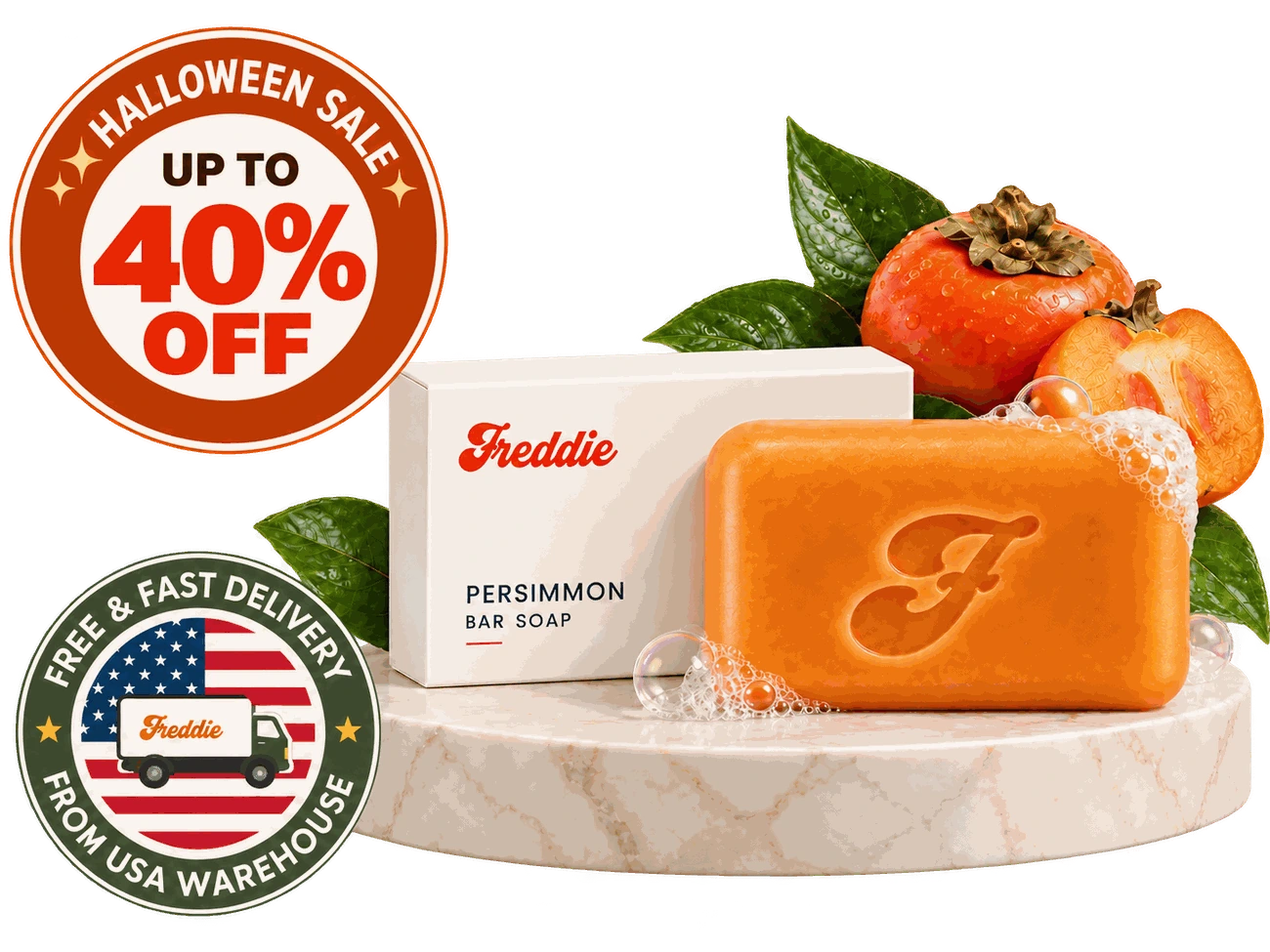 Freddie Persimmon Bar Soap with its box on a marble stand beside fresh persimmons, with Halloween Sale and USA warehouse delivery badges