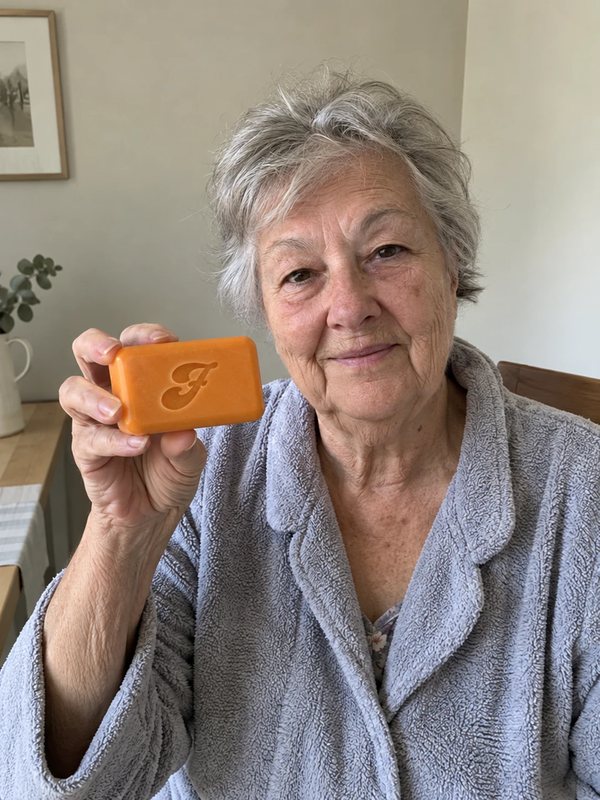 Customer holding Freddie Persimmon Soap