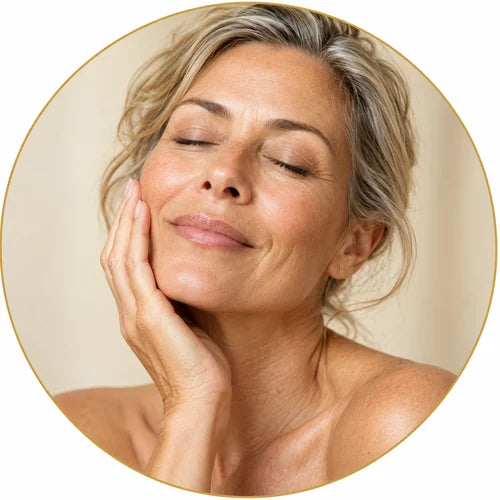 Woman with eyes closed touching her cheek