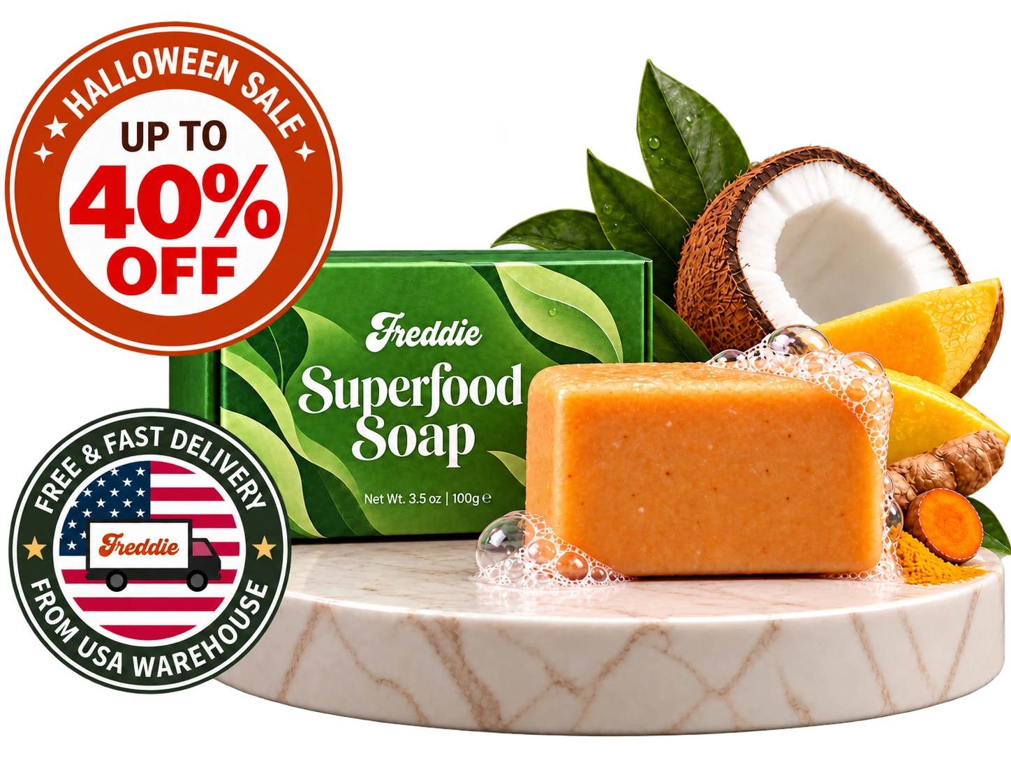 Freddie Superfood Soap in its green box on a marble stand beside coconut, mango and turmeric, with Halloween Sale and USA warehouse delivery badges