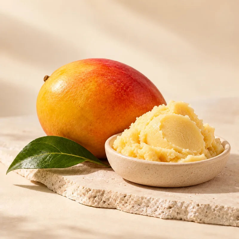 A ripe mango and a bowl of creamy mango butter on a stone slab